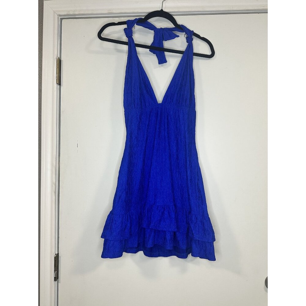 Blue Halter Tie Neck Mini Dress With Ruffle Hem